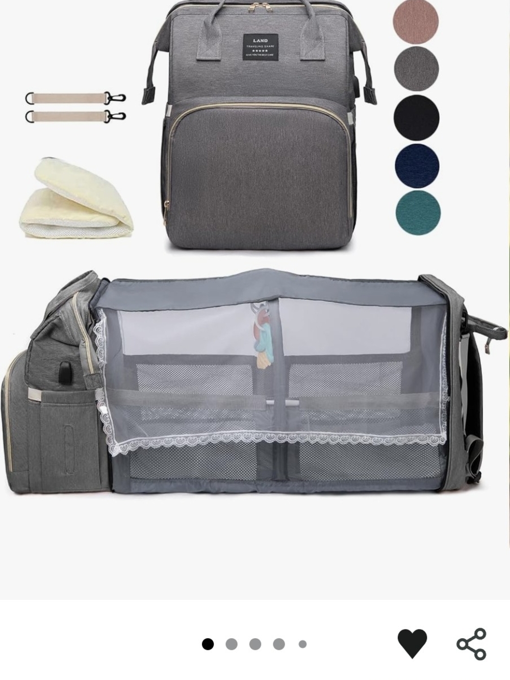 NWT Grey Convertible Diaper Bag & Portable Baby Bassinet